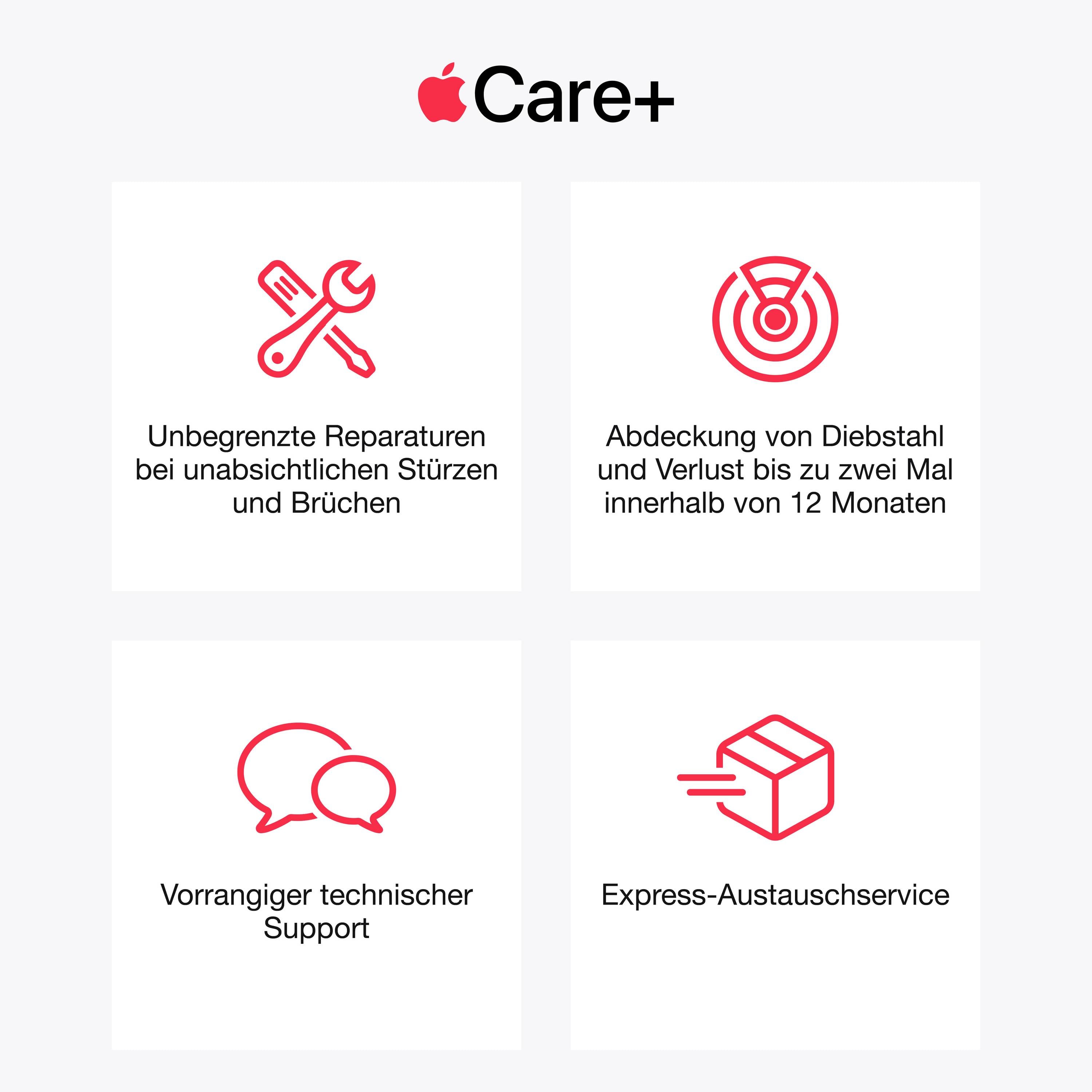 'Apple Care+ bietet unbegrenzte Reparaturen bei Stürzen und Brüchen, Diebstahlschutz, technischen Support und Express-Austauschservice.'