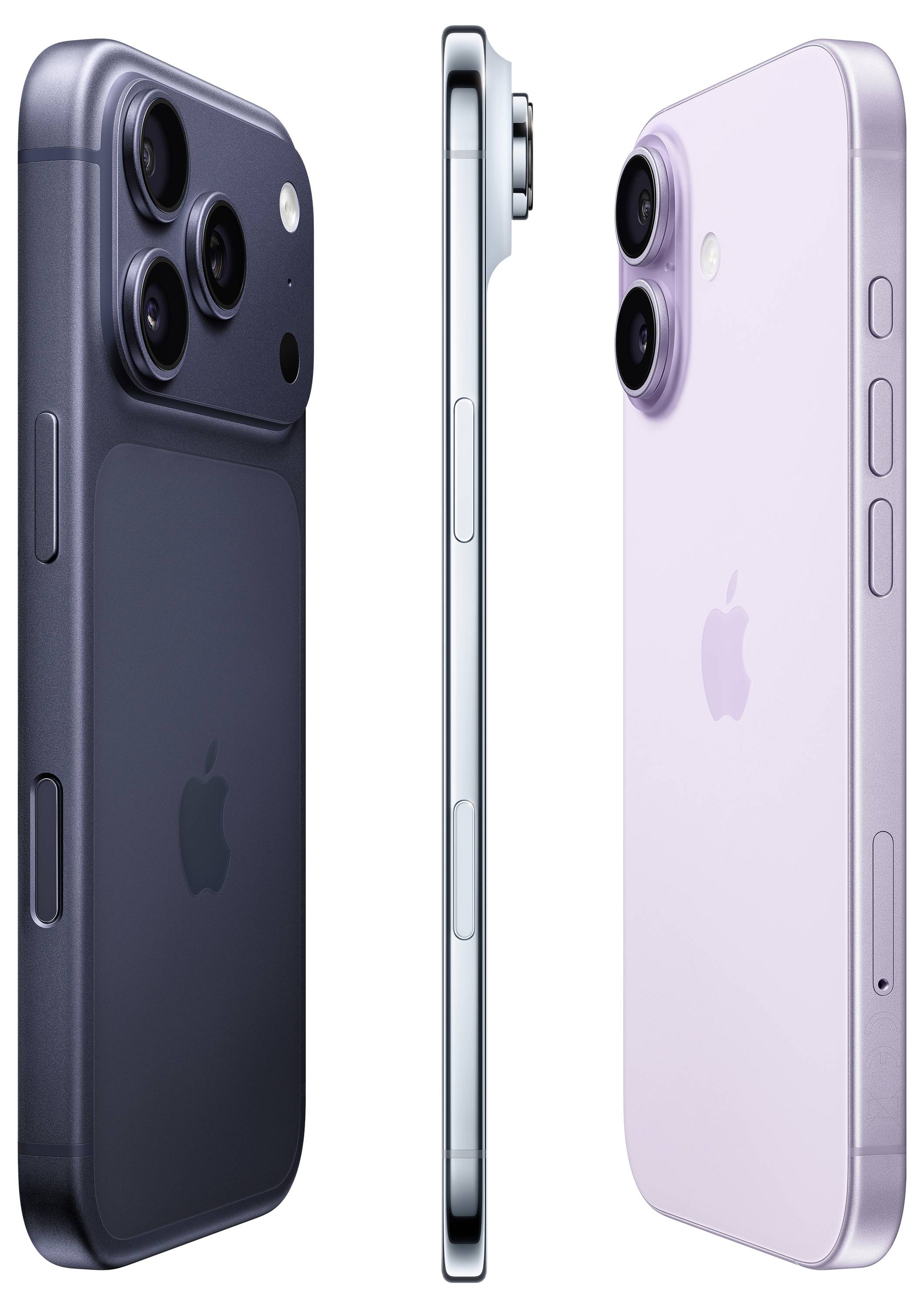 Drei Smartphones, von hinten, von der Seite und von vorne gezeigt. Jedes verfügt über ein Dual-Kamerasystem, ein schlankes Design und das Apple-Logo.