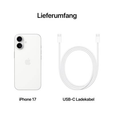 'Lieferumfang: iPhone 17 und USB-C Ladekabel.' Das Bild zeigt ein weißes iPhone 17 und ein weißes USB-C Ladekabel nebeneinander.