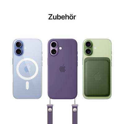 'Drei iPhones mit unterschiedlichem Zubehör: Hülle mit Magnetring, Hülle in Lila, grüne Hülle mit Kartentasche. Text: Zubehör.'