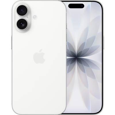 Ein weißes Smartphone mit zwei Rückkameras und dem Apple-Logo, daneben eine Anzeige mit einem geometrischen, blütenblattähnlichen Muster.