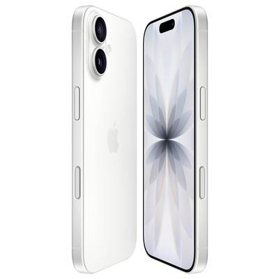 Zwei weiße Smartphones nebeneinander, die Vorder- und Seitenansichten zeigen. Der Bildschirm präsentiert ein geometrisches, blumenartiges Muster.