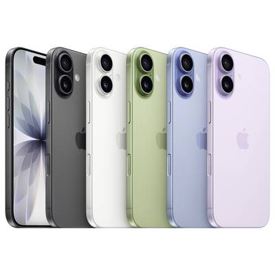 Fünf Smartphones in Schwarz, Weiß, Grün, Blau und Lila, nebeneinander angeordnet und von hinten und der Seite gezeigt, mit Kameraobjektiven.