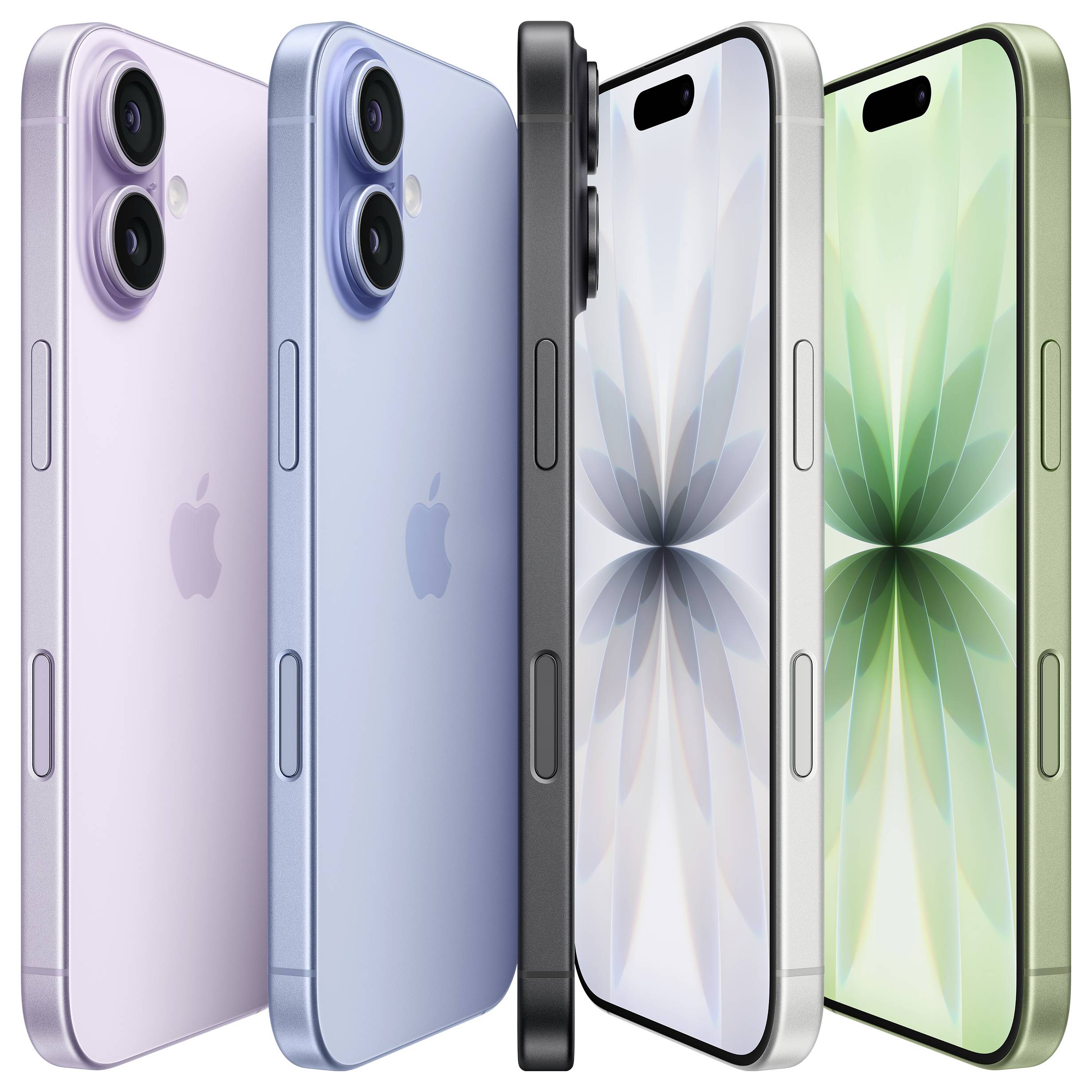 Vier Smartphones in Lavendel, Blau, Schwarz und Grün. Jedes Telefon verfügt über Dual-Kameras, eine farbenfrohe Glasrückseite und elegante Kanten.