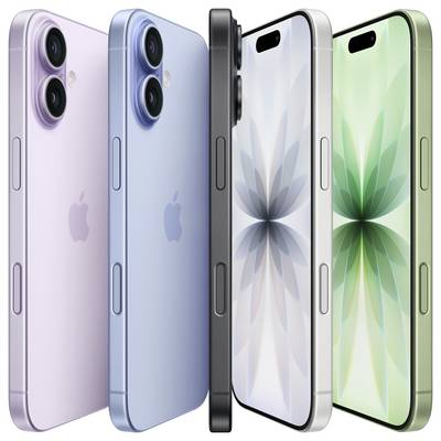 Vier Smartphones in Lavendel, Blau, Schwarz und Grün. Jedes Telefon verfügt über Dual-Kameras, eine farbenfrohe Glasrückseite und elegante Kanten.