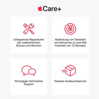 'AppleCare+' Vorteile: Unbegrenzte Reparaturen, Diebstahlschutz bis 12 Monate, Vorrangiger Support, Express-Austauschservice.