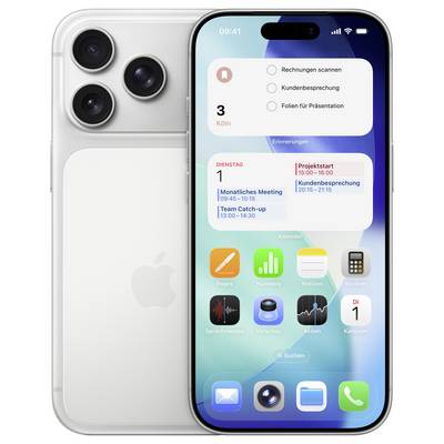 Ein Smartphone, das einen Startbildschirm mit Kalenderereignissen und App-Symbolen zeigt. Die Rückseite weist drei Kameraobjektive auf einem schlanken silbernen Gehäuse auf.