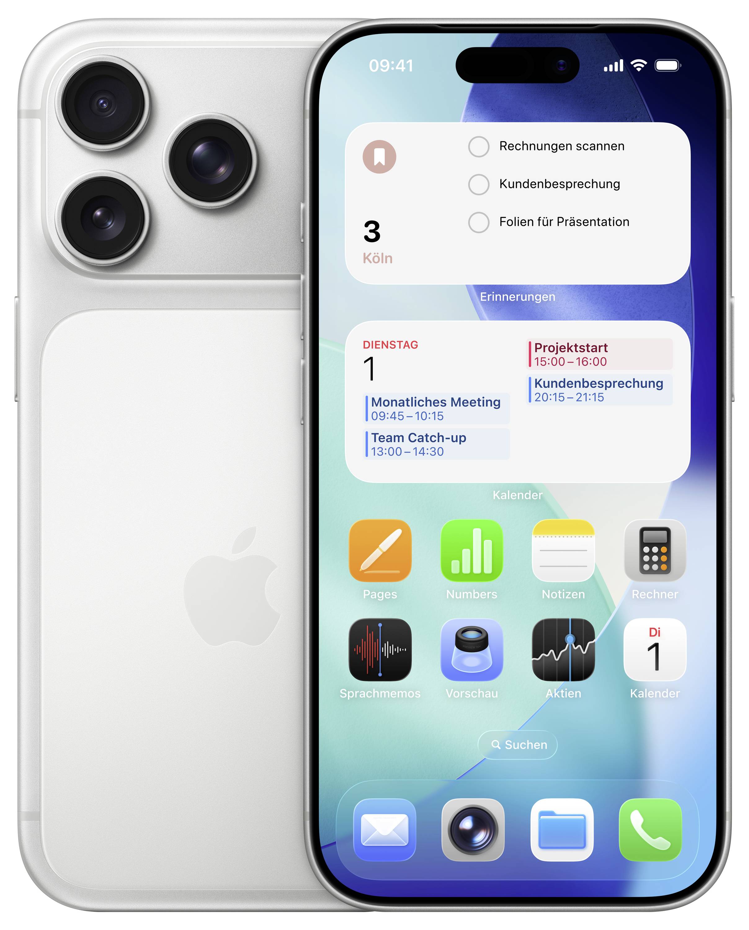 Modernes Smartphone, das Kalenderereignisse und Erinnerungen auf dem Startbildschirm anzeigt und ein kompaktes Design mit Metallic-Finish aufweist.