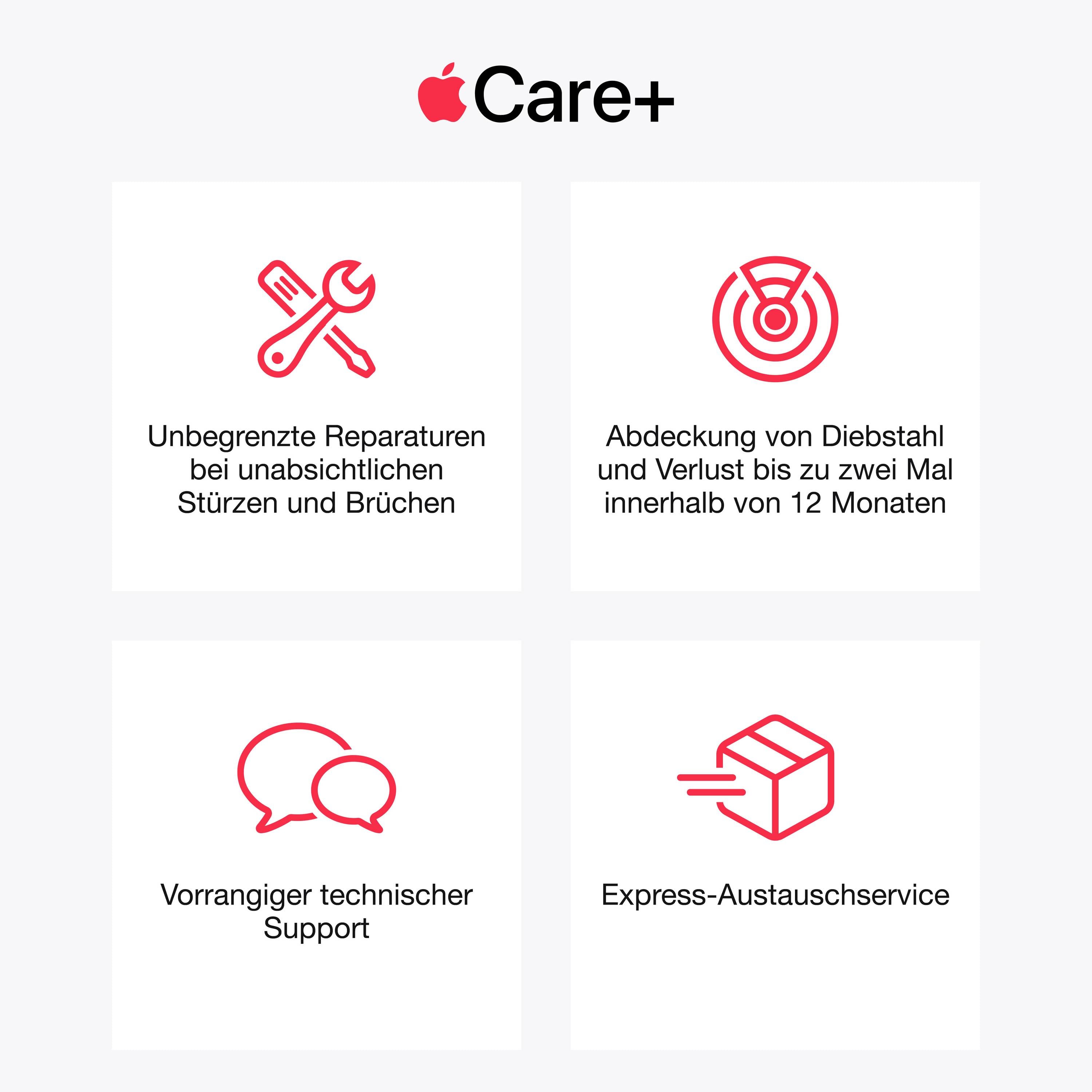 Oben das Apple-Logo und 'Care+'. Vier Symbole mit Text: Reparaturen, Diebstahlabdeckung, technischer Support, Express-Austausch.