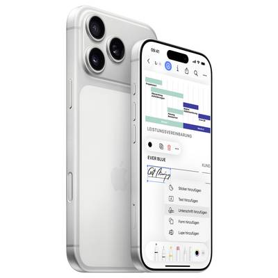 Ein modernes Smartphone, das eine digitale Dokumentbearbeitungs-App zeigt, mit Werkzeugen zum Hinzufügen von Stickern, Text und Zeichnungen. Ein Vertrag ist teilweise sichtbar.