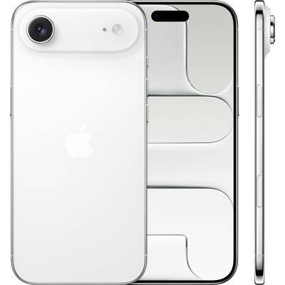 Vorder- und Seitenansicht von zwei modernen Smartphones in Silber, die gebogene Kanten und Kamerapositionierung zeigen. Eines der Geräte zeigt ein geometrisches Design auf dem Bildschirm.