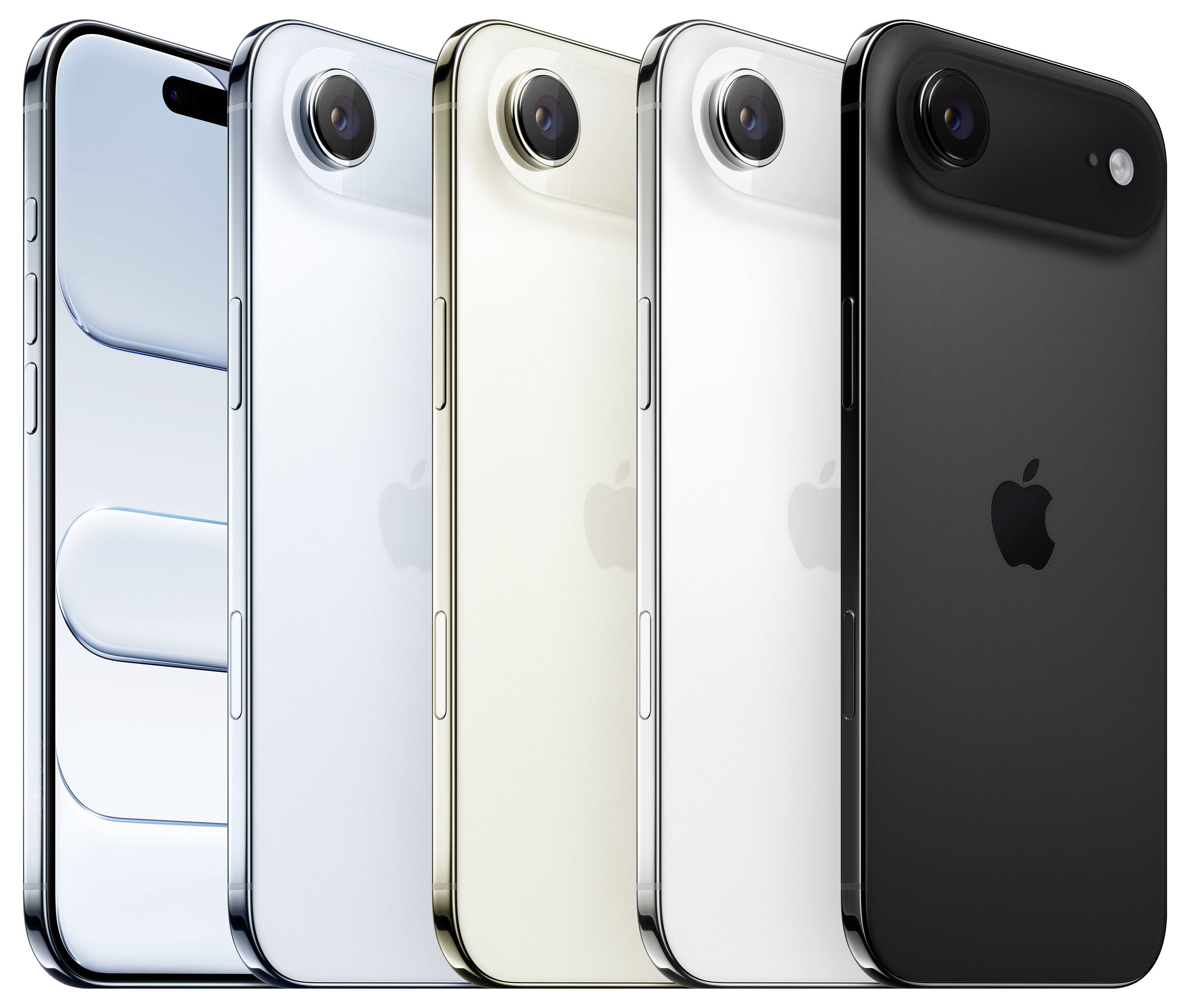 Fünf Smartphones in verschiedenen Farben: hellblau, silber, gold, weiß und schwarz, alle mit ähnlichem Design und Rückkamera.