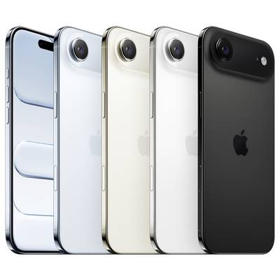 Vier iPhones in verschiedenen Farben (Silber, Gold, Weiß und Schwarz) sind nebeneinander aufgereiht und präsentieren ihr elegantes Design.