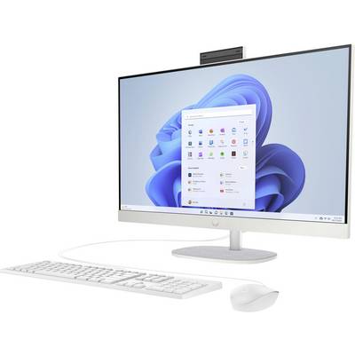 Eine moderne Desktop-Computer-Einrichtung mit einem schlanken Monitor, der eine Startbildschirm-Oberfläche anzeigt, begleitet von einer weißen Tastatur und einer Maus.