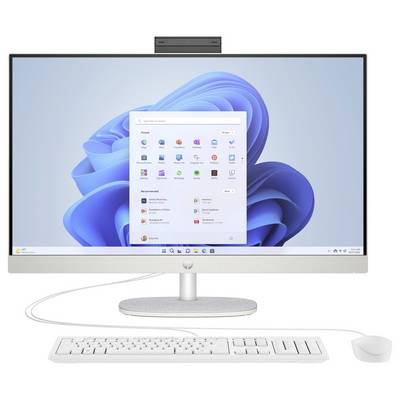 Ein Desktop-Computer mit einem großen Monitor, auf dem das Windows 11 Startmenü angezeigt wird. Eine Tastatur und eine Maus sind unterhalb des Bildschirms angeschlossen.