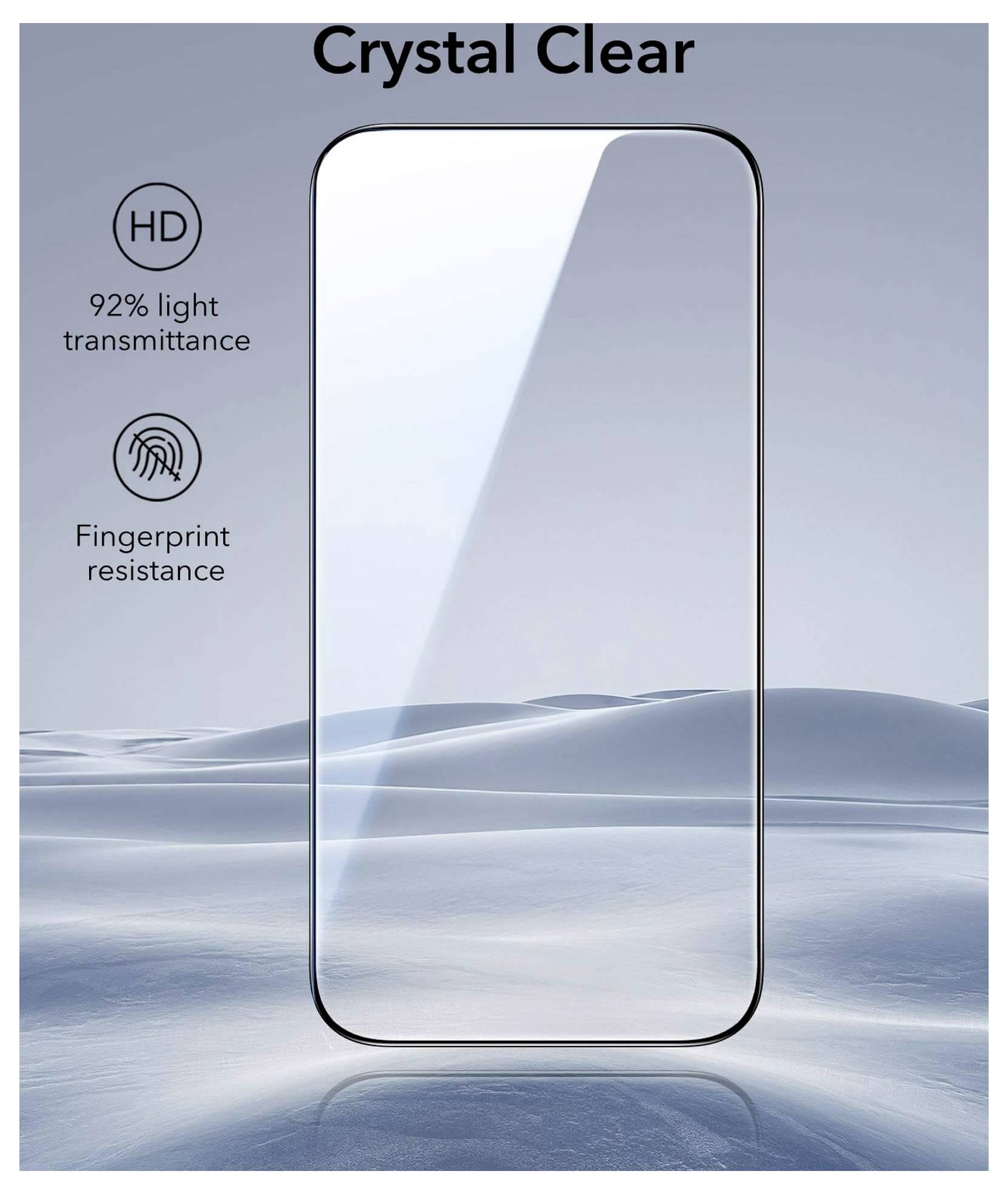 Eine transparente Displayschutzfolie mit dem Aufdruck 'Crystal Clear', mit hervorgehobenen Eigenschaften wie 92% Lichtdurchlässigkeit und Fingerabdruckresistenz.