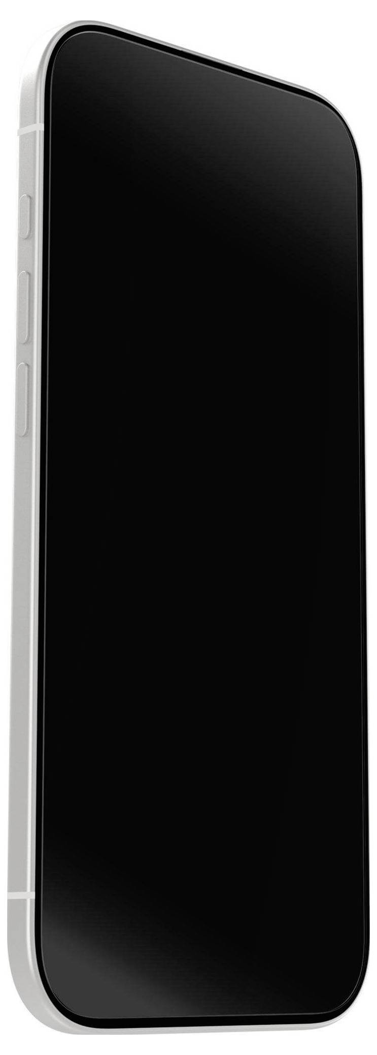 Ein schlankes, modernes Smartphone mit einem schwarzen Bildschirm und silbernem Rahmen, in aufrechter Position dargestellt.