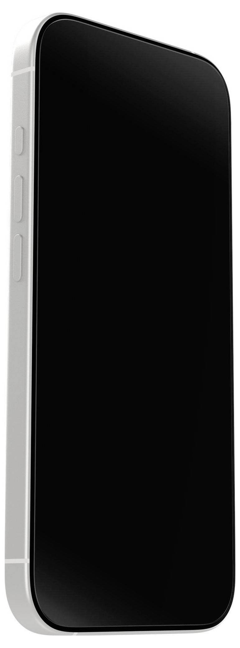 Ein modernes Smartphone mit einem schlanken schwarzen Bildschirm und metallisch silbernen Kanten, aus einem Winkel betrachtet.