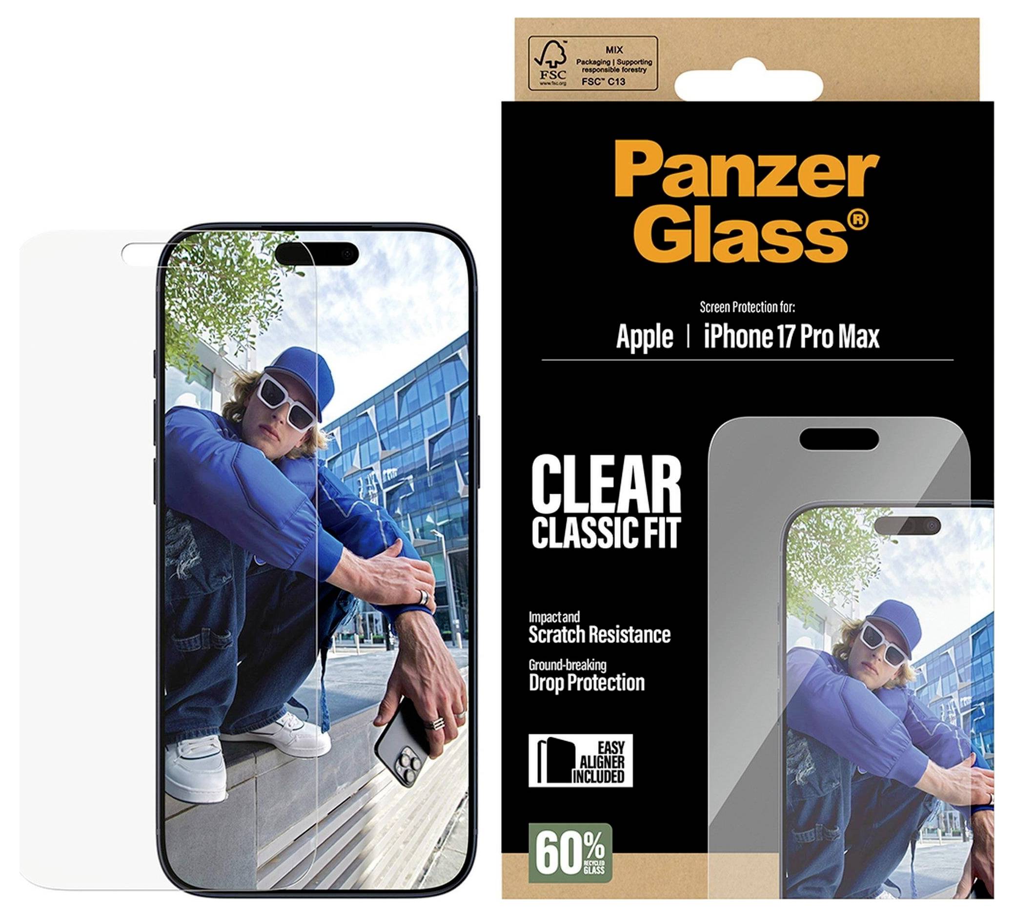 iPhone 17 Pro Max Schutzfolie Verpackung mit einem Mann, der draußen posiert. Hebt Stoß- und Kratzfestigkeit hervor.