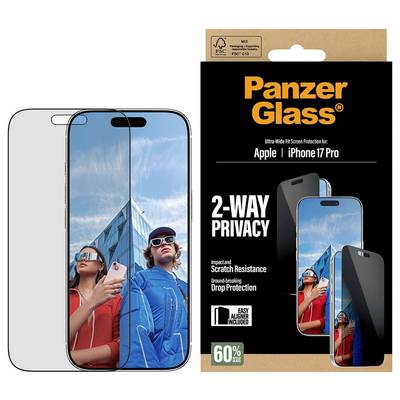 Panzer Glass 2-Wege-Sichtschutz-Displayschutz für iPhone 17 Pro, der das Privatsphäre-Glas zeigt und zwei Personen, die auf dem Bildschirm reflektiert sind.