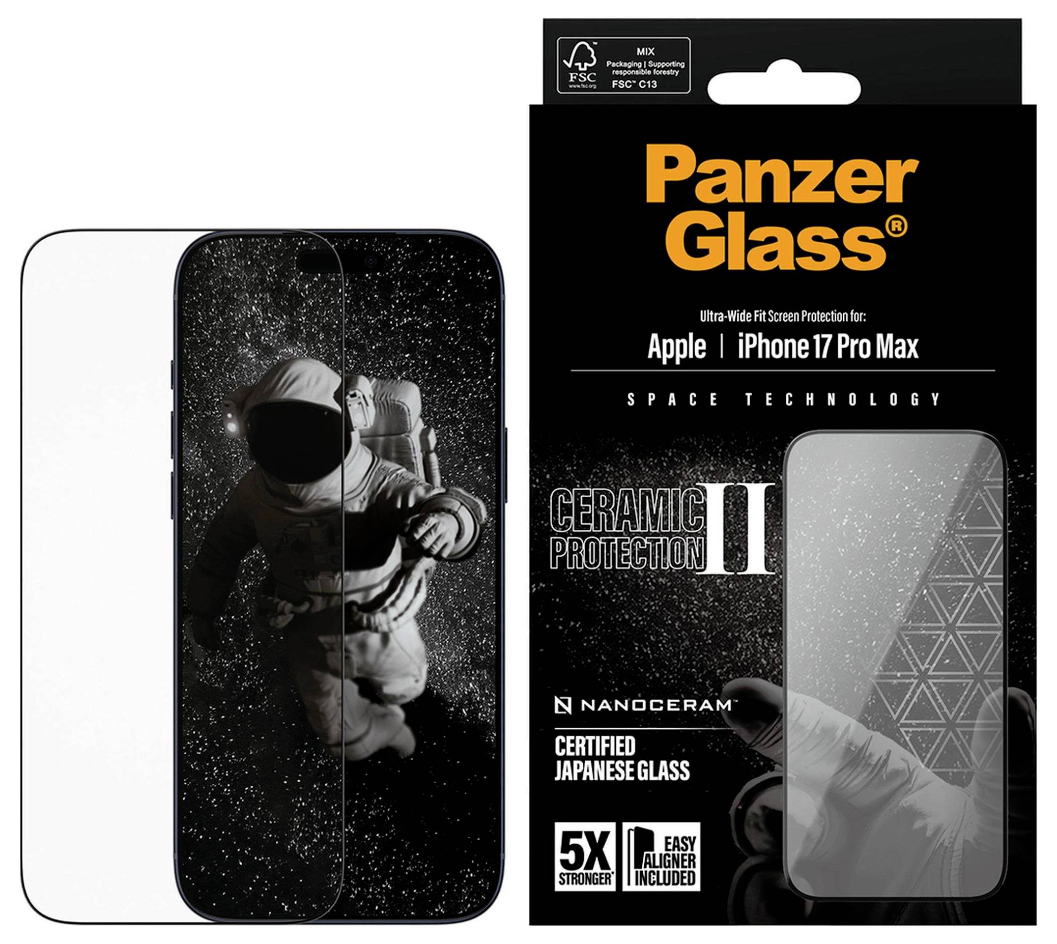 'PanzerGlass Ceramic Protection II' Displayschutz für iPhone 17 Pro Max, mit einer Astronauten-Illustration auf dem Produktbild.