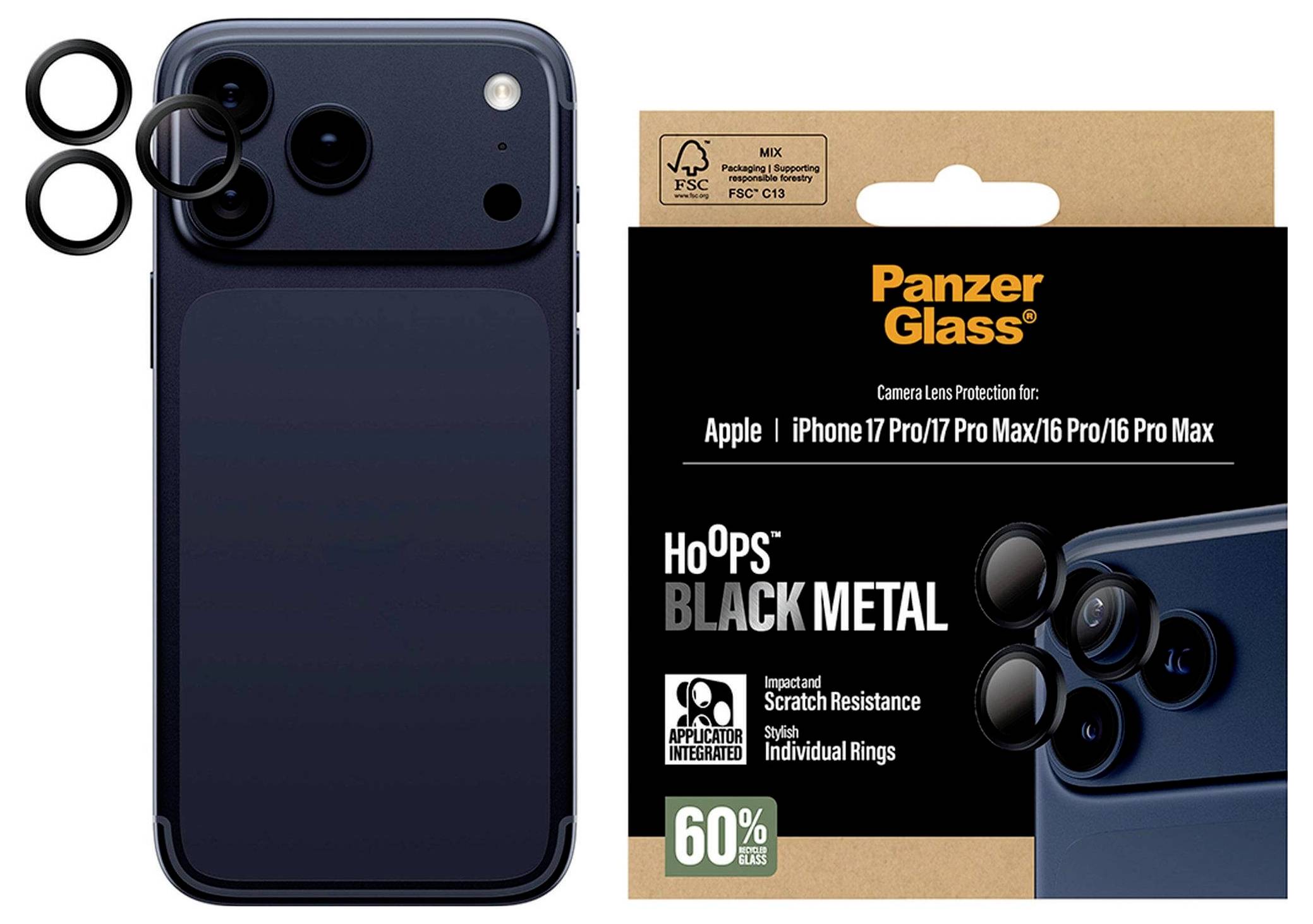 Verpackung von 'Panzer Glass' für Hoops Black Metal Objektivschutz für Apple iPhone-Modelle, zeigt drei Objektivringe neben einem Telefon.