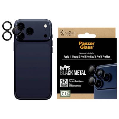 Verpackung von 'Panzer Glass' für Hoops Black Metal Objektivschutz für Apple iPhone-Modelle, zeigt drei Objektivringe neben einem Telefon.