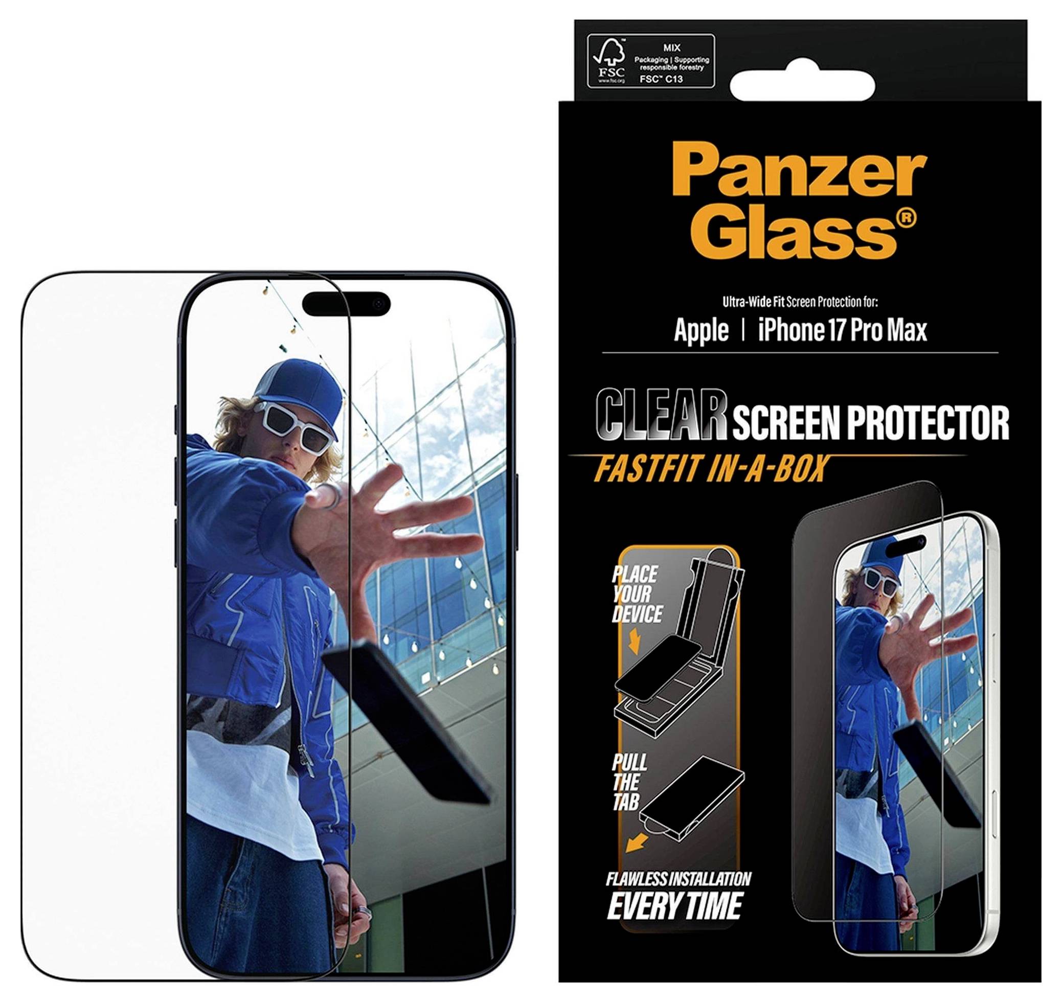 Eine Verpackung von PanzerGlass Displayschutz für iPhone 17 Pro Max, mit der 'FastFit in-a-box' Funktion und einem Bild eines Telefons, das Widerstandsfähigkeit gegen Stöße zeigt.