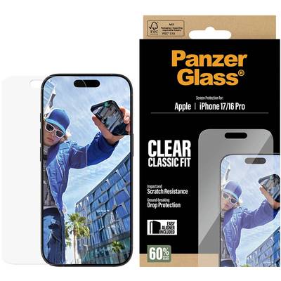 PanzerGlass Displayschutzfolie Verpackung für Apple iPhone 17/16 Pro, zeigt eine klare klassische Passform mit Schlag-, Kratzer- und Sturzschutz, einfacher Ausrichter enthalten, 60% Glas, und ein Telefonbild auf der Vorderseite.