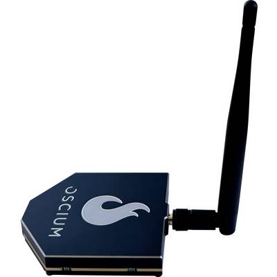 Ein schwarzer WLAN-Router mit angeschlossener Antenne, der ein weißes Logo auf seiner Oberfläche trägt und für die Verbesserung der drahtlosen Konnektivität entwickelt wurde.