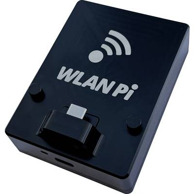 Ein schwarzes Gerät mit der Aufschrift "WLAN Pi" und einem WLAN-Symbol auf der Oberseite, das seitlich einen USB-C-Anschluss aufweist.