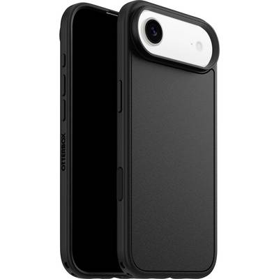 Ein schwarzes Smartphone-Gehäuse mit zweischichtigem Schutz, erhöhten Kanten für Bildschirmsicherheit und einer Kameraaussparung. OtterBox-Branding an der Seite.