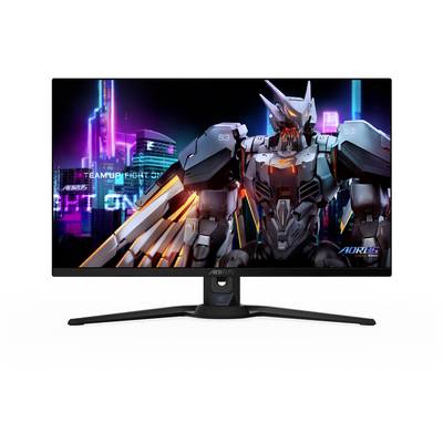 Ein Gaming-Monitor, der einen futuristischen Roboter mit leuchtenden Elementen vor einer Neon beleuchteten Stadtlandschaft zeigt.