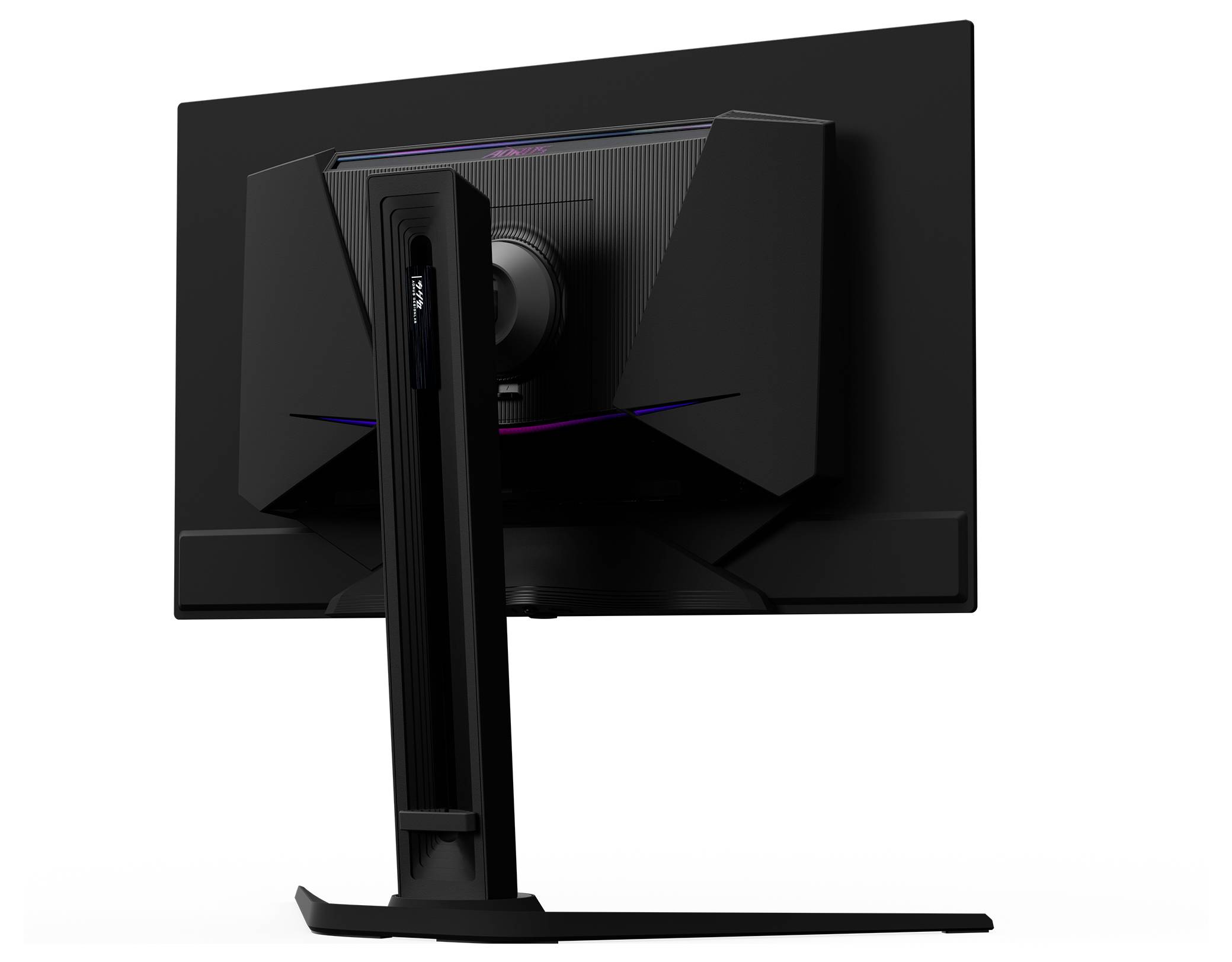 Ein schwarzer Computermonitor, von hinten gesehen, mit elegantem Design, geradlinigen Kanten und dezenter RGB-Beleuchtung.