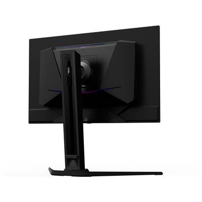Ein schwarzer Computermonitor, von hinten gesehen, mit elegantem Design, geradlinigen Kanten und dezenter RGB-Beleuchtung.