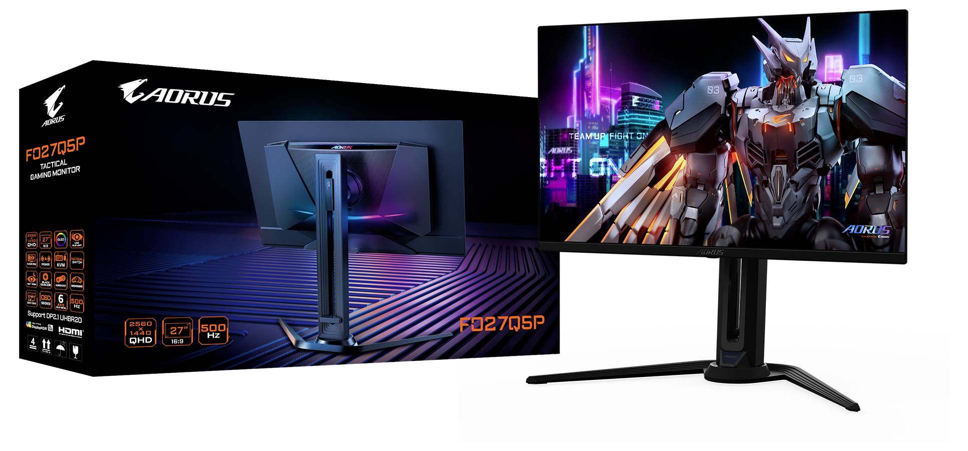 Ein Gaming-Monitor, der einen futuristischen Roboter zeigt, neben seiner Verpackungsbox mit der Marke 'AORUS' und dem Modell 'FI27Q-X'.