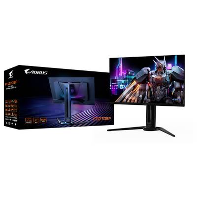 Ein Gaming-Monitor, der einen futuristischen Roboter zeigt, neben seiner Verpackungsbox mit der Marke 'AORUS' und dem Modell 'FI27Q-X'.