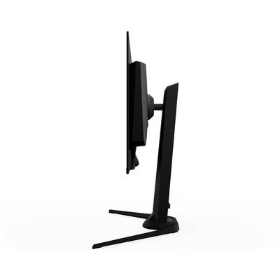Eine Seitenansicht eines schlanken, schwarzen Computermonitors auf einem Ständer, der sein dünnes Profil und modernes Design zur Geltung bringt.