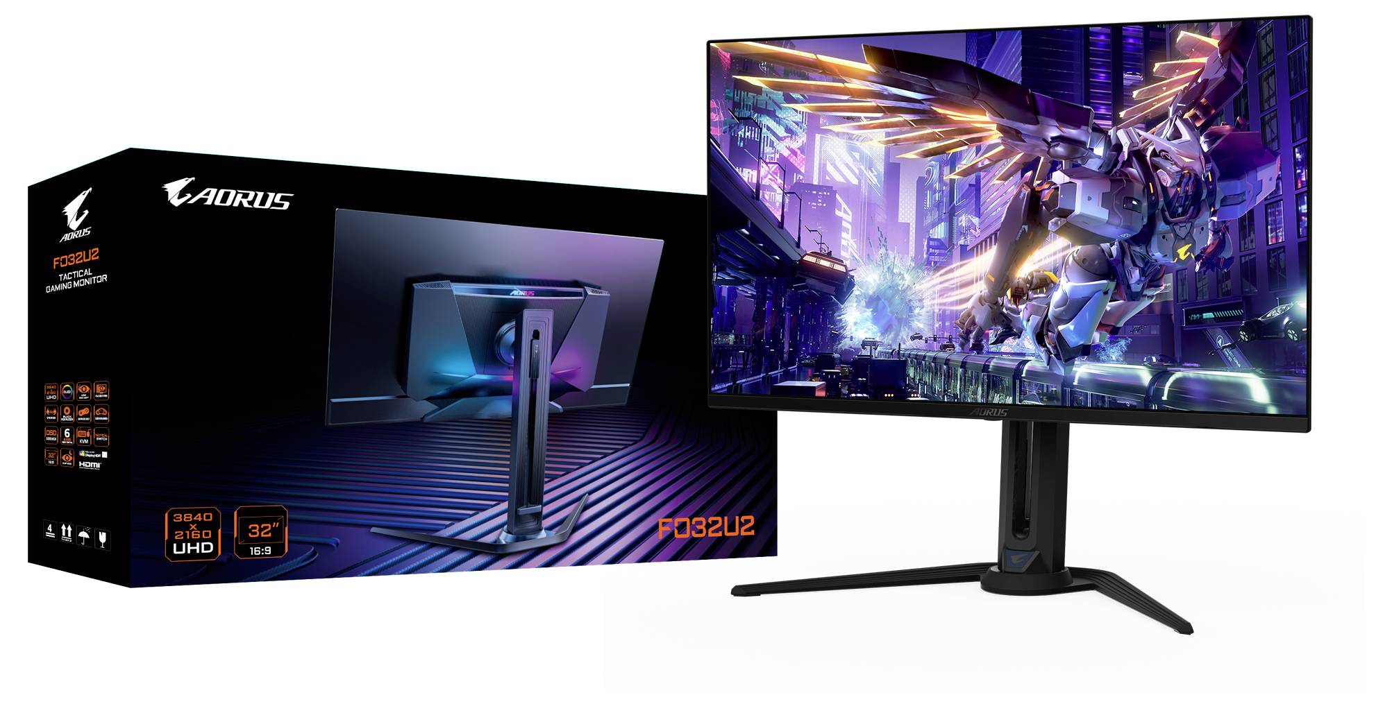 Gaming-Monitor mit futuristischer Stadtlandschaft auf dem Bildschirm. Karton daneben zeigt Produktmarke und Eigenschaften und hebt 4K-Auflösung und 32-Zoll-Größe hervor.