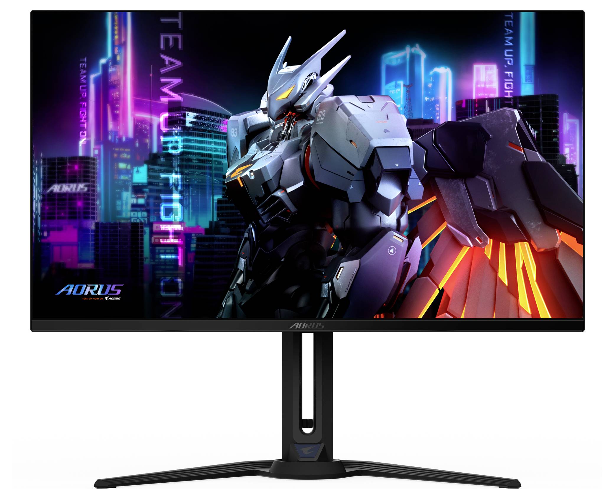 Ein Gaming-Monitor, der einen futuristischen Roboter vor einer neonbeleuchteten Stadtlandschaft zeigt. Der Bildschirm präsentiert leuchtend intensive Farben und hochauflösende Grafiken.