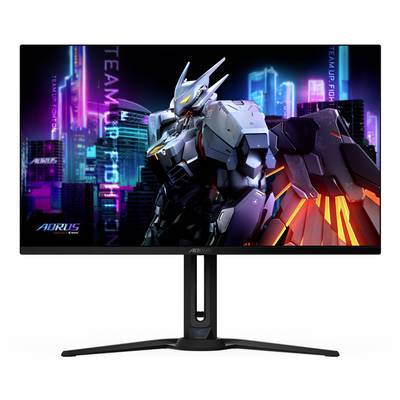 Ein Gaming-Monitor mit hoher Auflösung zeigt einen futuristischen Roboter vor einer neonbeleuchteten Stadtlandschaft und hebt dabei lebendige Farben und scharfe Details hervor.