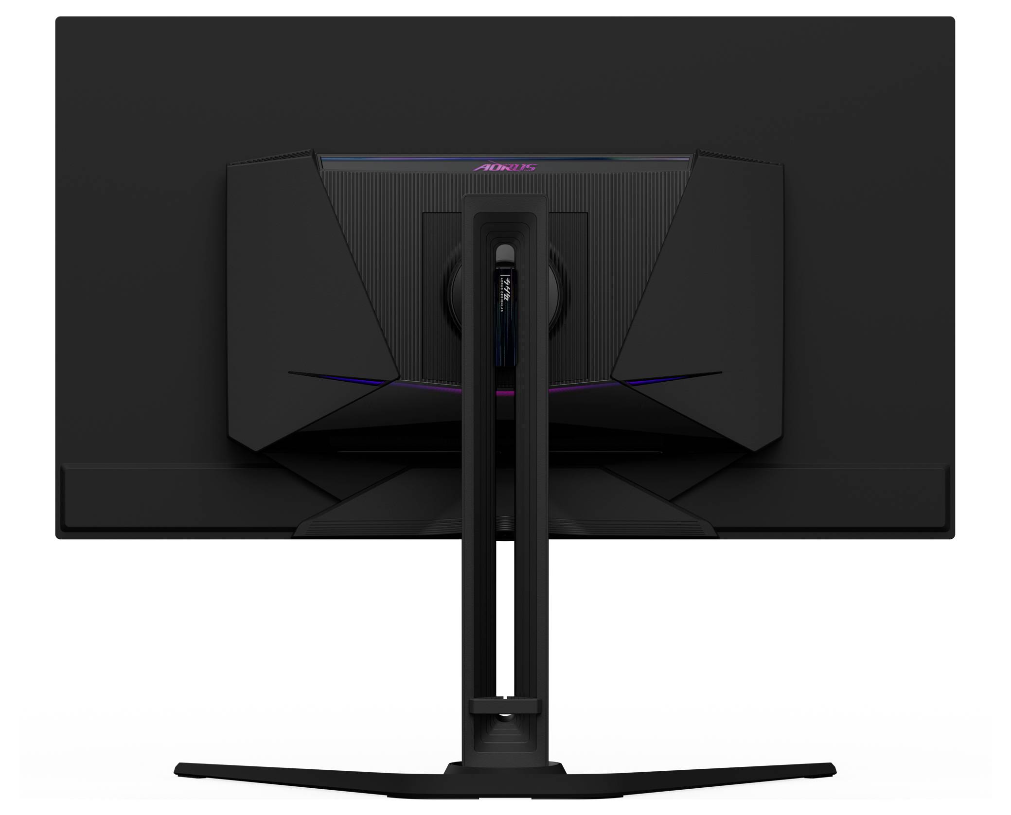 Ein schwarzer Computermonitor, von hinten gesehen, mit einem robusten Ständer und kantigen Designdetails.