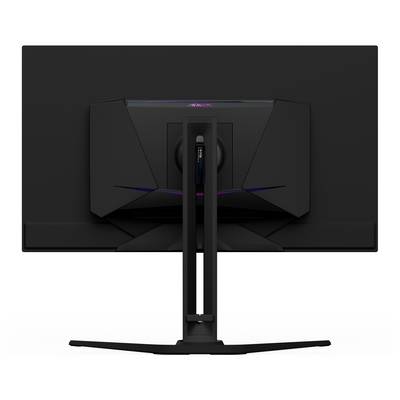 Ein schwarzer Computermonitor, von hinten gesehen, mit einem robusten Ständer und kantigen Designdetails.