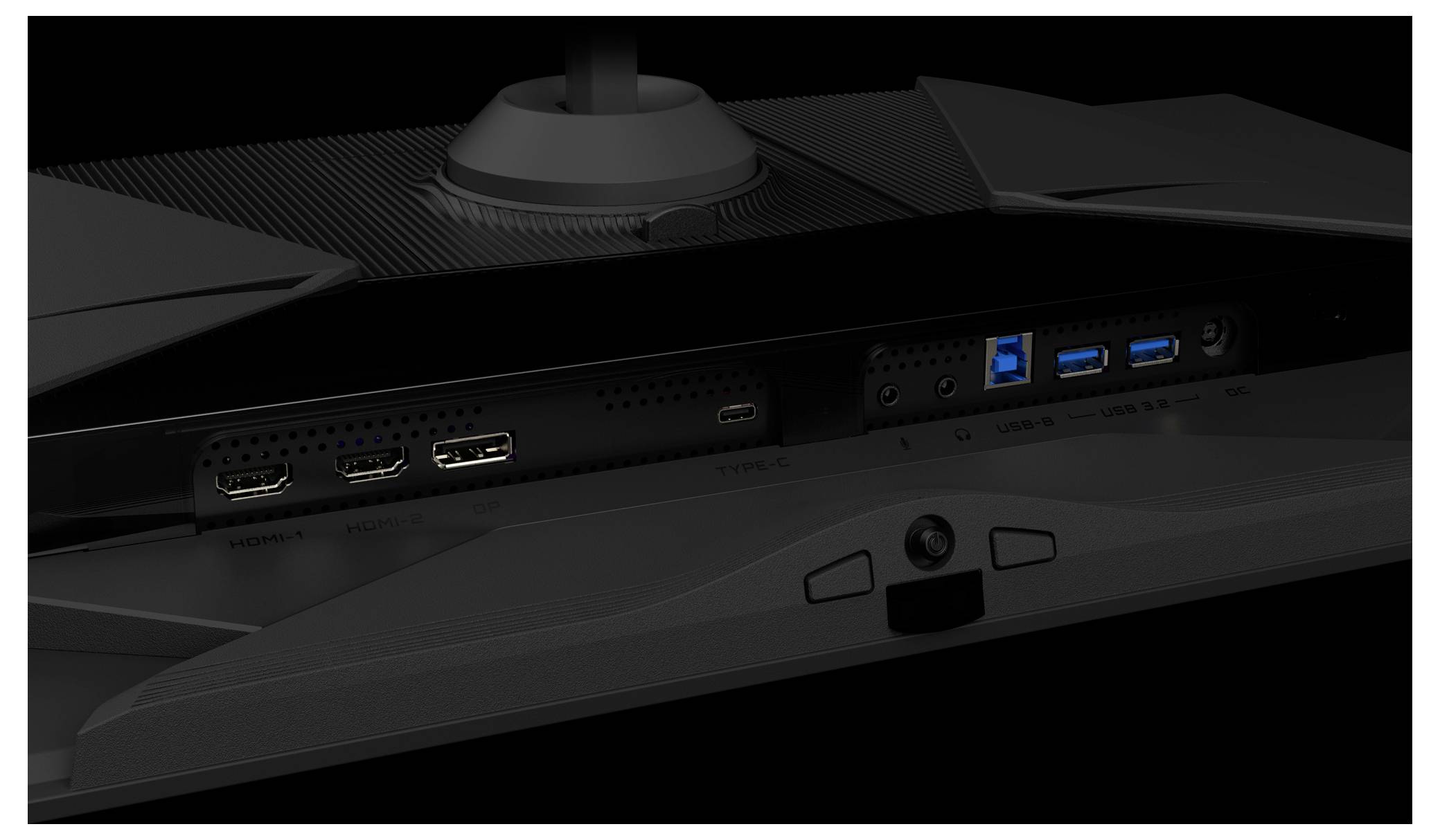 Das Bild zeigt das Rückpanel eines Monitors mit Anschlüssen für HDMI, DisplayPort, USB und Audioverbindungen vor einem dunklen Hintergrund.