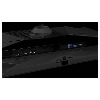 Das Bild zeigt das Rückpanel eines Monitors mit Anschlüssen für HDMI, DisplayPort, USB und Audioverbindungen vor einem dunklen Hintergrund.