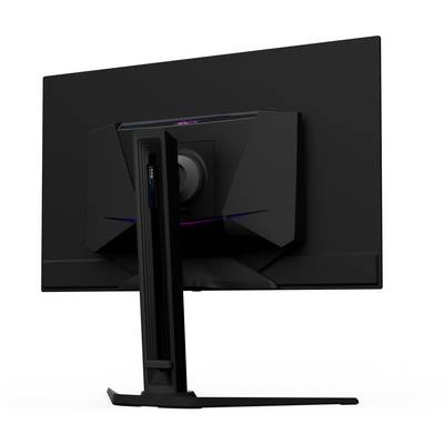 Ein schwarzer Computermonitor von hinten, der ein schlankes Design mit einem stabilen Ständer und Akzentbeleuchtung auf dem Rückpanel präsentiert.