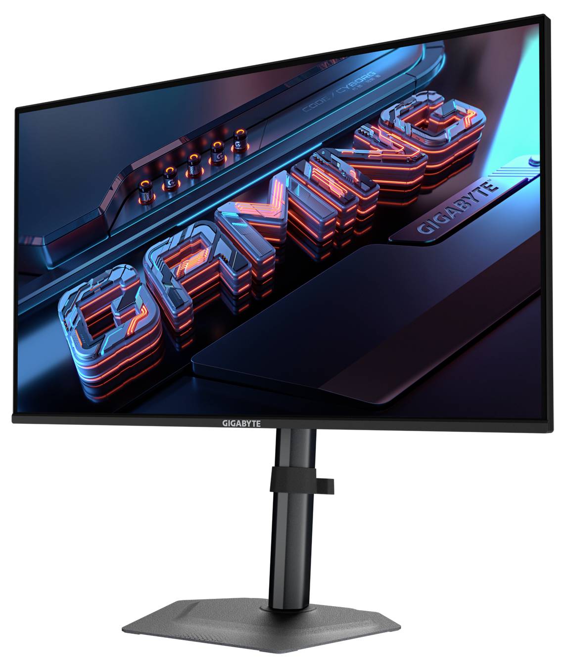 Ein Desktop-Monitor zeigt ein farbenfrohes, futuristisches 3D-Design mit dem Wort ‚GAMING' in fetten, beleuchteten Buchstaben auf dem Bildschirm.