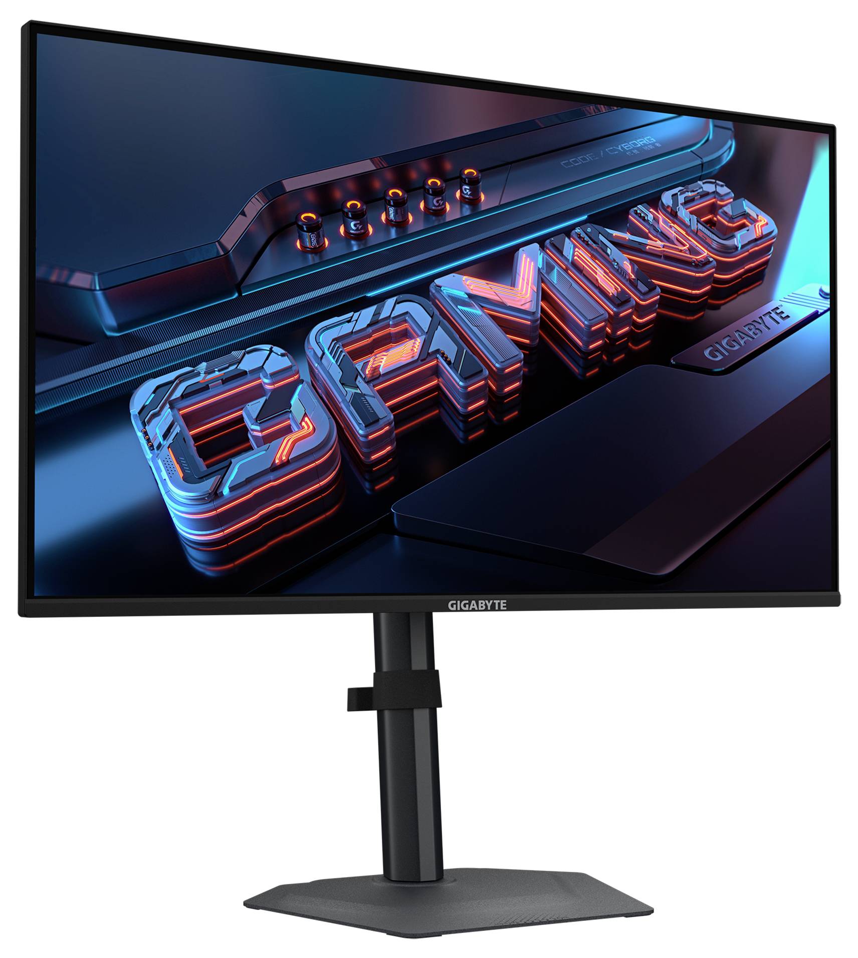 Ein Gaming-Monitor, der 3D-Text 'GAMING' in fetten roten und blauen Farbtönen auf einem futuristischen Hintergrund zeigt und dabei seinen Gaming-Fokus hervorhebt.