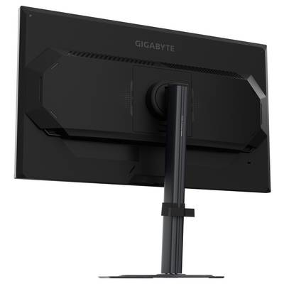 Ein schwarzer Computermonitor, von hinten gesehen, mit dem Markennamen 'Gigabyte' im oberen Bereich. Der Ständer ist verstellbar.