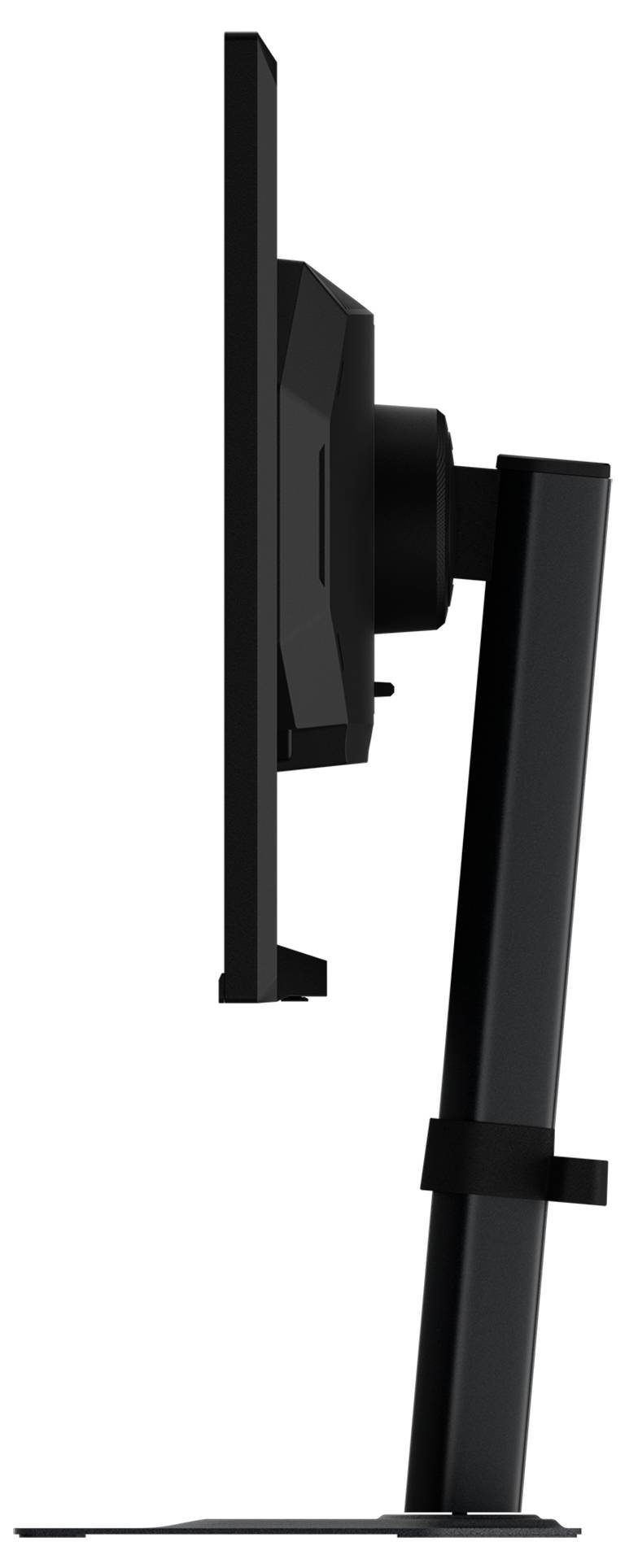 Eine Seitenansicht eines schlanken, modernen Computermonitors auf einem Ständer, der seine dünne Silhouette und verstellbare Höhenfunktion präsentiert.